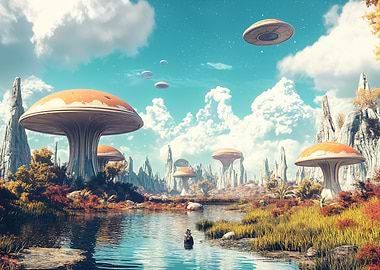 Alien Landscape with Mushroom Structures