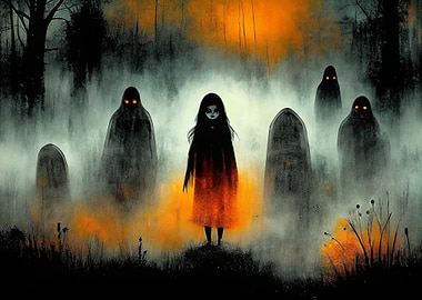 Spooky Graveyard Scene with Ghosts