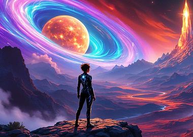 Sci-Fi Landscape with Figure and Planet