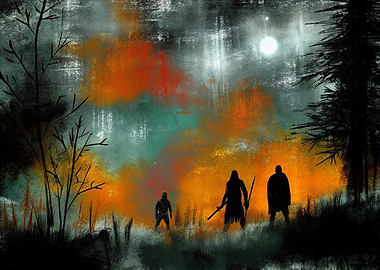 Warrior Silhouettes in a Forest Landscape