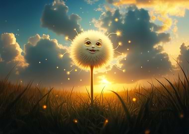 Cute Dandelion Character at Sunset