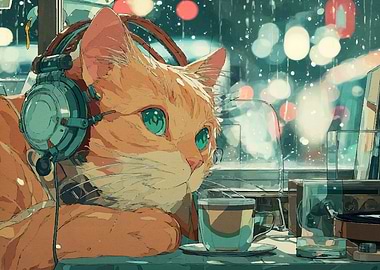 Cat Headphones Rainy City