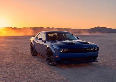 Blue Dodge Challenger at Sunset