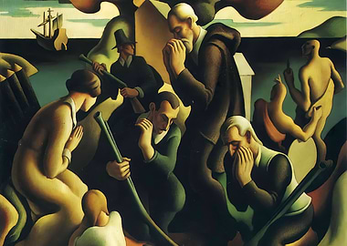 Thomas Hart Historical Painting of Pilgrims and Ship