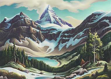 Thomas Hart Mountain Landscape with Lake and Riders