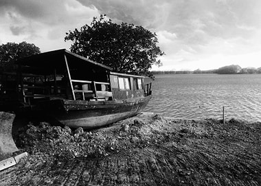 Abandoned Boat on Shoreline, Black and White