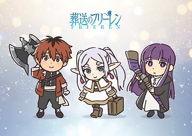 Chibi Frieren Trio on Sparkling Background