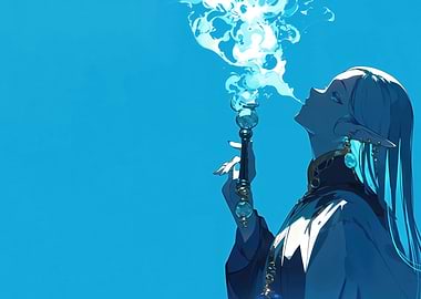 Elf with magical pipe, blue background