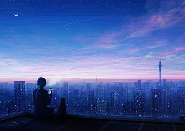 Cityscape at Dusk with Girl and Cat