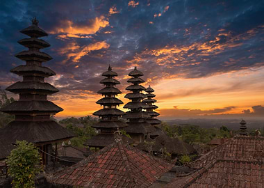Balinese Temple Towers With Sunset Sky
