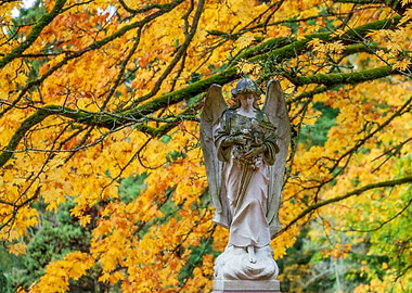 Angel statue with autumn leaves backdrop