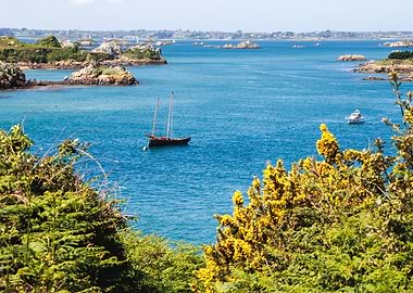 Coastal view with sailboat and islands