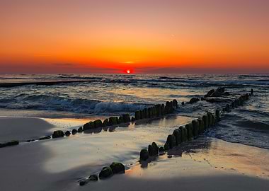 Beach Sunset with Wooden Breakwaters, Poland