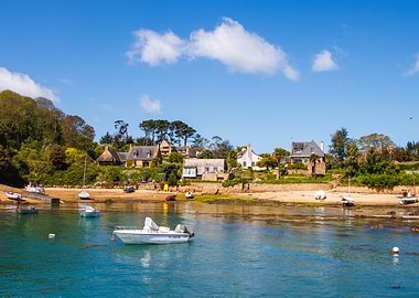 Coastal Village with Boats on Water