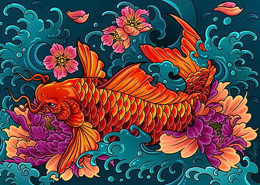 Koi Fish with Flowers and Waves