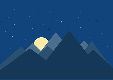 Minimalist Mountain Landscape with Moon and Stars