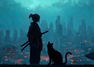Samurai, Cat, and Cityscape in Rain