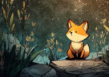 Cute Fox Under Starry Night Sky