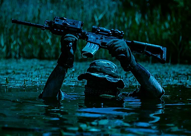 Soldier in Water with Rifle