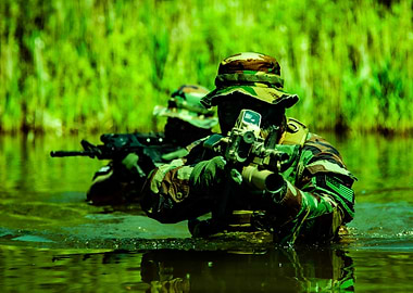 Soldiers in Water with Rifles