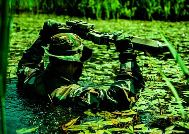 Soldier in Swamp with Rifle