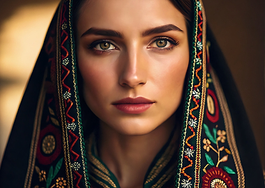 Woman with Embroidered Headscarf Portrait