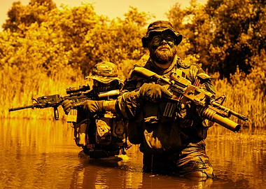 Two soldiers in water with rifles