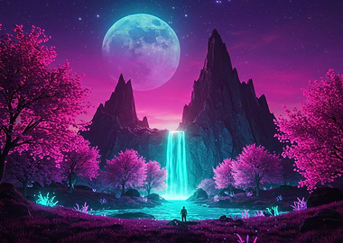 Neon Waterfall Landscape with Pink Trees