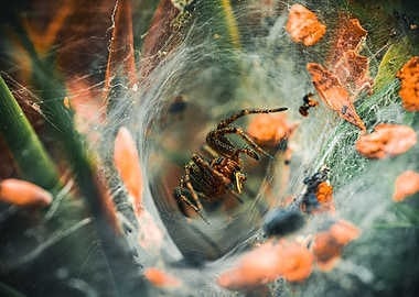 Spider in Web with Orange Leaves