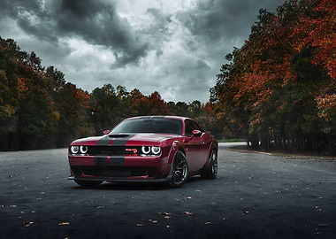 Red Dodge Challenger in Autumn Setting