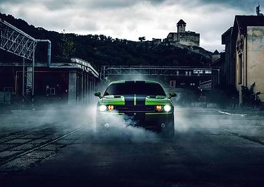 Green Dodge Challenger with Smoke