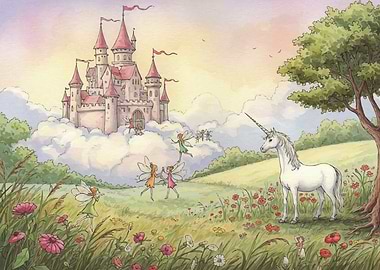 Unicorn, Fairies, and Castle Illustration