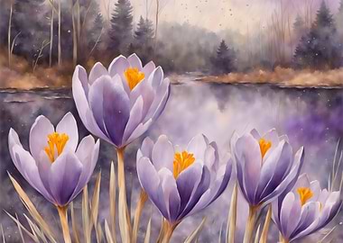 Watercolor Crocus Flowers by the Lake