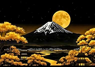 Mount Fuji at Night with Moon