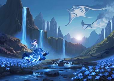 Fantasy Landscape with Woman and Mantas