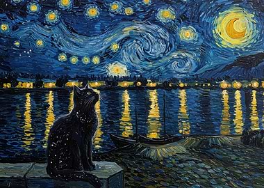 Black Cat Starry Night Painting
