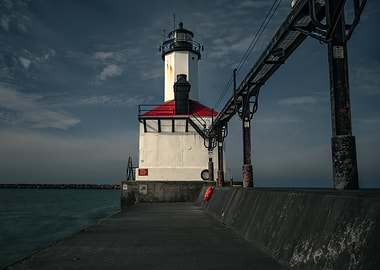 Lighthouse on Pier with Moody Sky