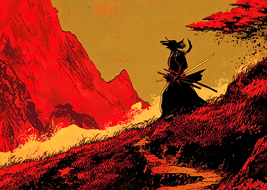 Samurai Warrior in Red Landscape