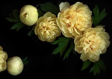 Yellow Peonies on Black Background