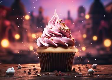 Pink Frosted Cupcake with Gold Sprinkles