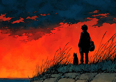 Silhouette of Boy and Cat Sunset