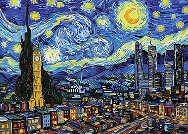 Starry Night Cityscape Painting