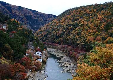 Autumn River Valley Landscape , Japan