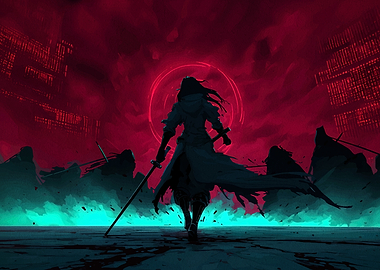 Samurai Warrior in Red Landscape