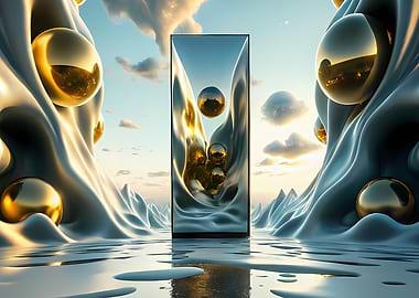 Futuristic golden spheres reflected in surreal landscape with metallic liquid – Esferas doradas futuristas reflejadas en paisaje surrealista con líquido metálico