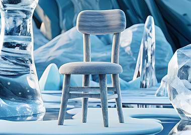 Wooden chair in surreal icy landscape with frozen structures – Silla de madera en paisaje surrealista helado con estructuras congeladas