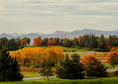 Autumn Landscape with Estate and Mountains