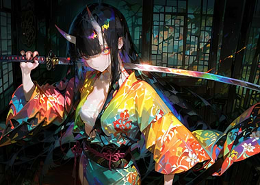 Horned Girl with Katana in Kimono