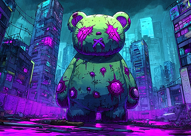 Cyberpunk Teddy Bear in Urban Landscape