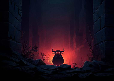 Glowing-Eyed Creature in Dark Ruins